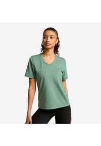 Decathlon - Koszulka fitness damska dekolt V. Typ kołnierza: dekolt w kształcie V. Kolor: zielony. Materiał: poliester, bawełna, materiał. Sport: fitness #1