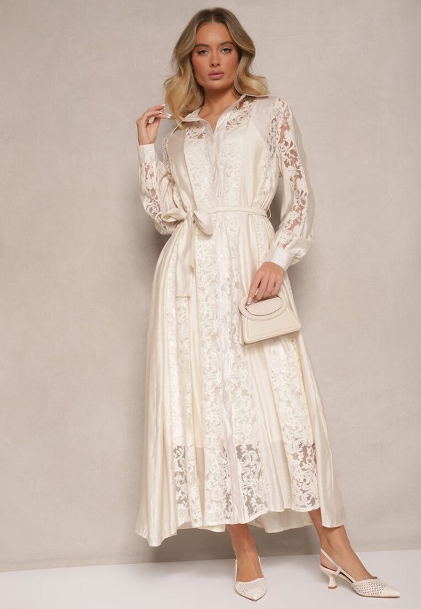 Renee - Beżowa Haftowana Wiskozowa Sukienka Rozkloszowana z Bawełną i Paskiem Zenvivi. Okazja: na co dzień, na spacer. Kolor: beżowy. Materiał: bawełna, wiskoza. Długość rękawa: na ramiączkach. Wzór: haft. Typ sukienki: koszulowe. Styl: casual, elegancki