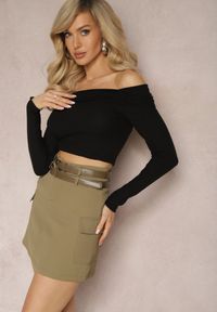 Renee - Zielona Mini Spódnica z Kieszeniami na Klapy i 2 Paskami z Ekoskóry Gvanna. Kolor: zielony. Materiał: poliester. Długość: krótkie