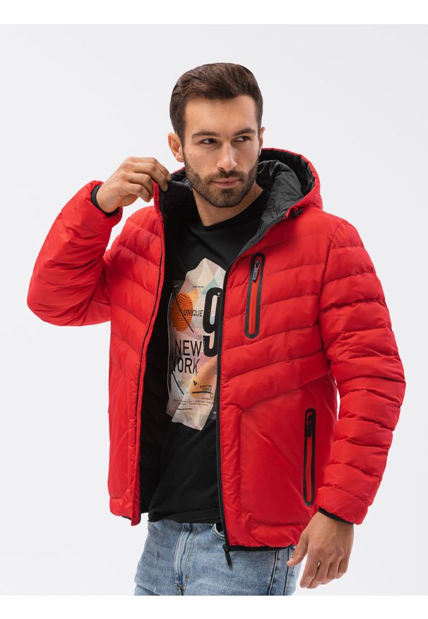 Ombre Clothing - Kurtka męska puchowa pikowana C356 - czerwona - XXL. Okazja: na co dzień. Typ kołnierza: kaptur. Kolor: czerwony. Materiał: puch. Styl: casual