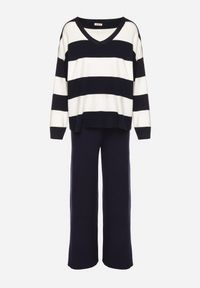 Born2be - Granatowy Dzianinowy Komplet Szerokie Spodnie i Sweter w Paski Falesea. Kolor: niebieski. Materiał: dzianina. Wzór: paski #5