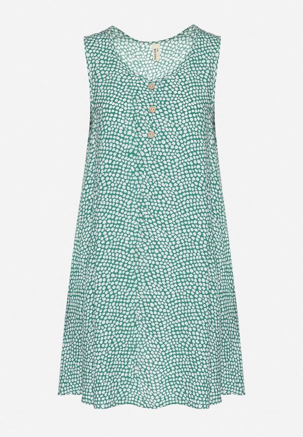 Born2be - Zielona Bawełniana Rozkloszowana Sukienka Ozdobiona Kwiatami i Guzikami Lisavella. Okazja: na spacer, na co dzień. Kolor: zielony. Materiał: bawełna. Wzór: aplikacja, kwiaty. Sezon: lato. Styl: klasyczny, casual, elegancki