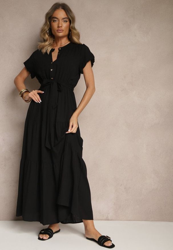Renee - Czarna Sukienka z Wiskozy z Guzikami i Paskiem Rinolenia. Okazja: na co dzień. Kolor: czarny. Materiał: wiskoza. Typ sukienki: proste. Styl: klasyczny, casual, elegancki