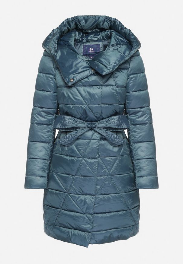 Born2be - Niebieska Długa Pikowana Kurtka z Kapturem Wiązana w Talii Ansibel. Okazja: na co dzień. Typ kołnierza: kaptur. Kolor: niebieski. Długość: długie. Styl: casual, elegancki