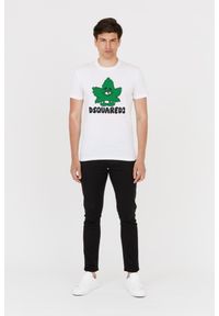 DSQUARED2 Męski biały t-shirt z zielonym liściem, Rozmiar M. Kolor: biały. Wzór: nadruk #5