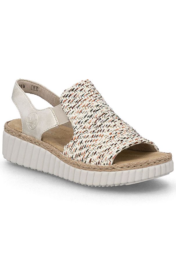 Sandały damskie na platformie plecionka beżowe Rieker 69276-60. Kolor: beżowy. Materiał: tkanina. Obcas: na platformie