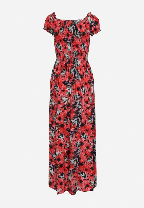 Born2be - Granatowo-Czerwona Wiskozowa Sukienka Hiszpanka w Kwiaty o Rozkloszowanym Kroju Uasteria. Okazja: na imprezę, na co dzień, na randkę. Typ kołnierza: dekolt hiszpanka. Kolor: niebieski. Materiał: wiskoza. Wzór: kwiaty. Sezon: lato. Typ sukienki: rozkloszowane. Styl: casual