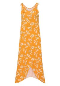 Długa sukienka z dłuższymi bokami bonprix żółto-pomarańczowy w roślinny wzór. Kolor: żółty. Wzór: kwiaty. Długość: maxi #1