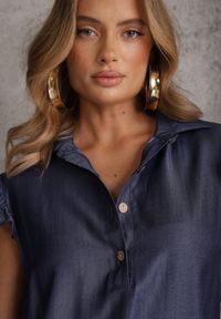 Renee - Granatowy Komplet z Wiskozą Bluzka z Kołnierzem i Spodnie Wide Leg Naunne. Kolekcja: plus size. Kolor: niebieski. Materiał: wiskoza. Wzór: gładki #5