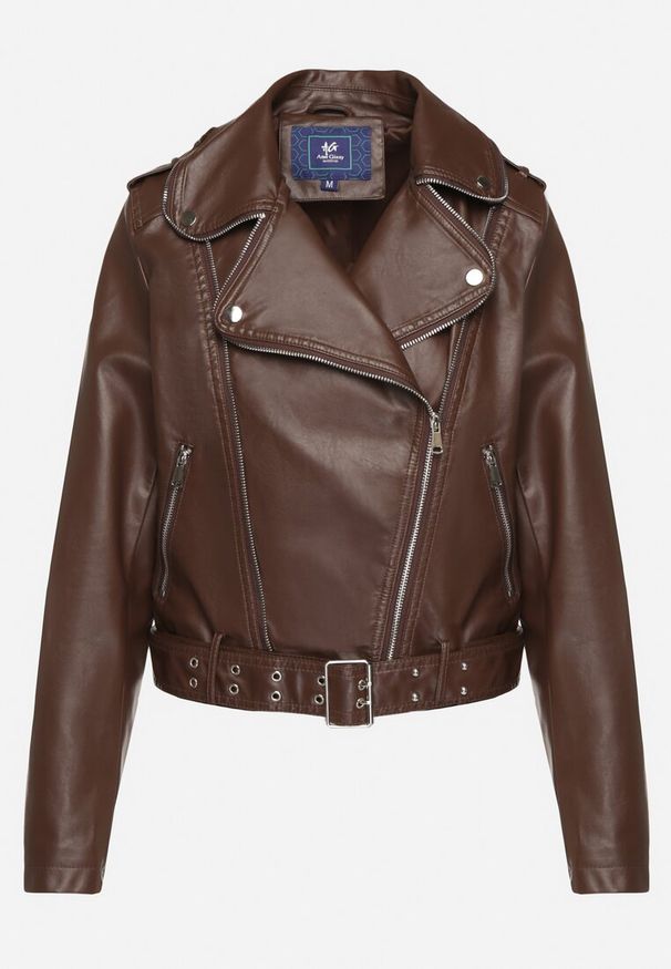 Born2be - Brązowa Kurtka Ramoneska z Paskiem z Klamrą Ralvila. Okazja: na co dzień. Kolor: brązowy. Materiał: wiskoza, jeans, materiał. Długość rękawa: długi rękaw. Długość: długie. Styl: casual, elegancki, rockowy