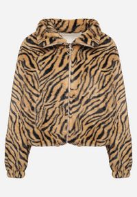 Born2be - Beżowa Futrzana Kurtka w Zebrę o Prostym Kroju ze Ściągaczem i Kieszeniami Velsomi. Kolor: brązowy. Materiał: futro. Wzór: motyw zwierzęcy. Styl: elegancki #4