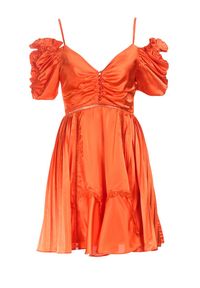 Renee - Pomarańczowa Sukienka Silkport. Kolor: pomarańczowy. Materiał: poliester. Długość rękawa: na ramiączkach. Wzór: ażurowy. Typ sukienki: rozkloszowane. Długość: mini