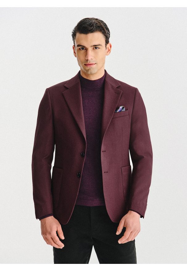 Pako Lorente - PAKO LORENTE – Bordowa marynarka z wełną i jedwabiem. Kolor: czerwony. Materiał: wełna, jedwab. Wzór: prążki