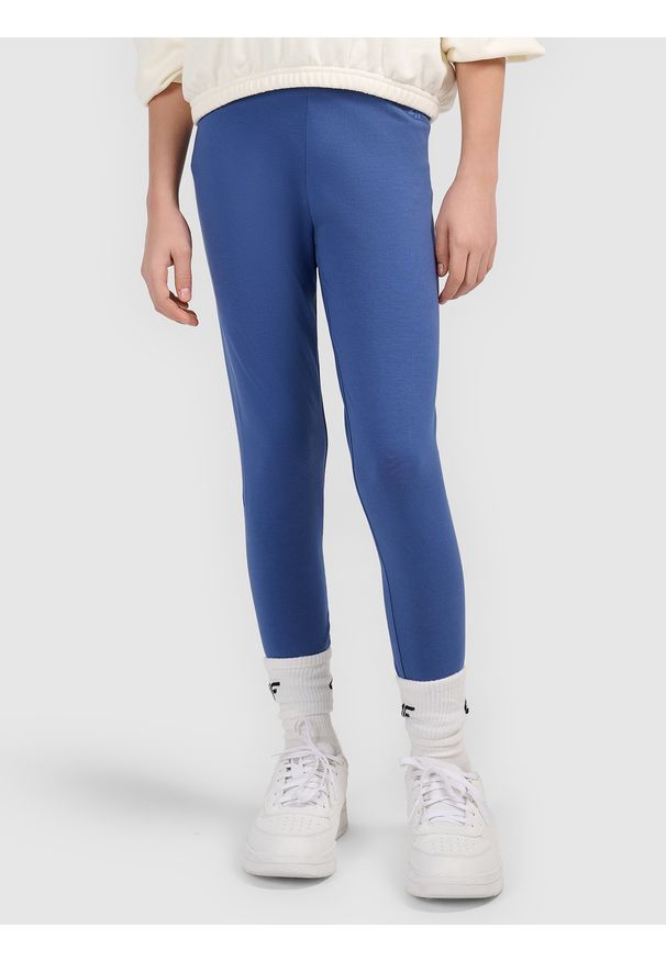 4f - 4F Legginsy dzianinowe dziewczęce - granatowe 158 (12-13 lat). Okazja: na co dzień, na uczelnię, na spacer. Stan: podwyższony. Kolor: niebieski. Materiał: dzianina. Sezon: lato. Styl: casual