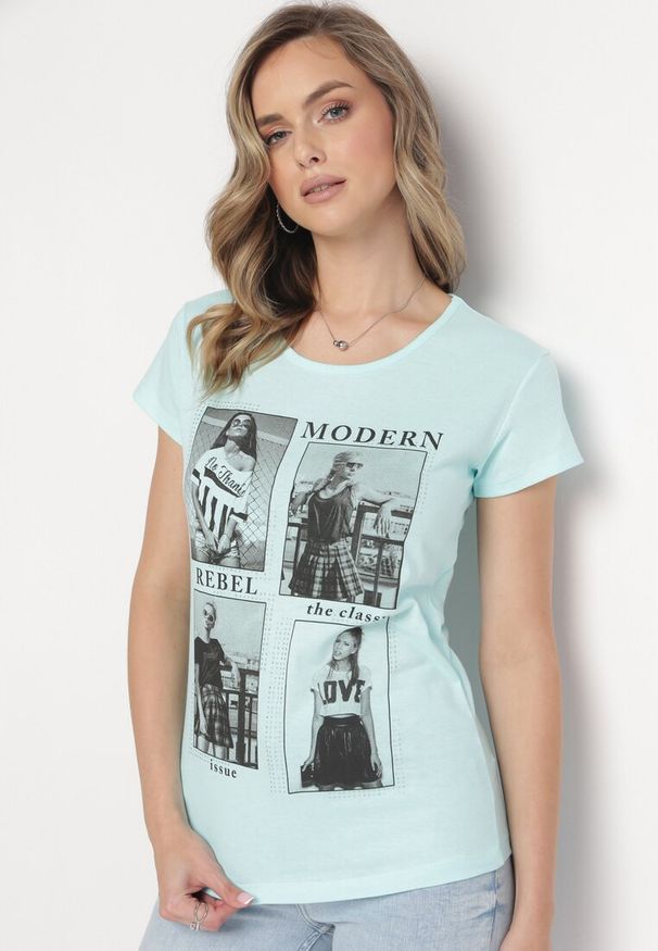 Born2be - Miętowy Bawełniany T-shirt z Nadrukiem i Brokatem Kruita. Kolor: miętowy. Materiał: bawełna. Długość rękawa: krótki rękaw. Długość: krótkie. Wzór: nadruk