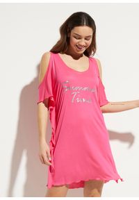 bonprix - Sukienka plażowa z wycięciami. Okazja: na plażę. Kolor: różowy. Wzór: nadruk. Styl: elegancki