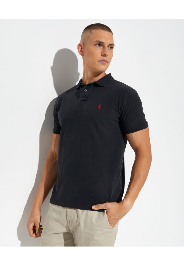 Ralph Lauren - RALPH LAUREN - Czarna koszulka polo Slim Fit. Typ kołnierza: polo. Kolor: czarny. Materiał: bawełna. Wzór: haft