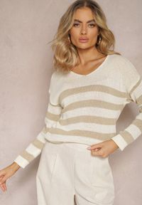 Renee - Jasnobeżowy Sweter w Szerokie Paski z Dekoltem w Serek Liminela. Okazja: na co dzień. Typ kołnierza: dekolt w serek. Kolor: beżowy. Materiał: skóra, materiał. Długość rękawa: długi rękaw. Długość: długie. Wzór: paski. Styl: klasyczny, casual