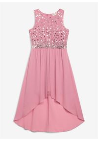 bonprix - Sukienka z dłuższym tyłem. Kolor: różowy. Materiał: materiał. Długość rękawa: krótki rękaw. Styl: elegancki #1