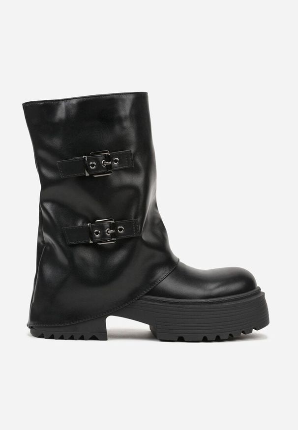 Born2be - Czarne Botki Biker VICES z Cholewką Imitującą Nogawkę z Klamrami Reiladia. Okazja: na co dzień. Zapięcie: klamry. Kolor: czarny. Materiał: jeans. Szerokość cholewki: normalna. Styl: casual