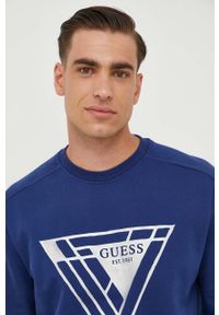 Guess bluza męska kolor granatowy z nadrukiem. Kolor: niebieski. Materiał: bawełna, prążkowany. Wzór: nadruk #3