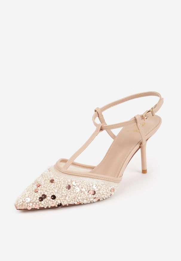 Renee - Beżowe Eleganckie Szpilki na Szpilce z Siateczkowym Noskiem z Koralikami Riosira. Zapięcie: pasek. Kolor: beżowy. Obcas: na szpilce. Styl: elegancki