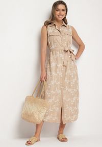 Born2be - Beżowa Sukienka Bez Rękawów o Koszulowym Kroju z Paskiem Zdobiona Haftem Fodarela. Okazja: na co dzień. Kolor: beżowy. Długość rękawa: bez rękawów. Wzór: aplikacja, haft. Sezon: lato. Typ sukienki: koszulowe. Styl: klasyczny, casual, elegancki #4