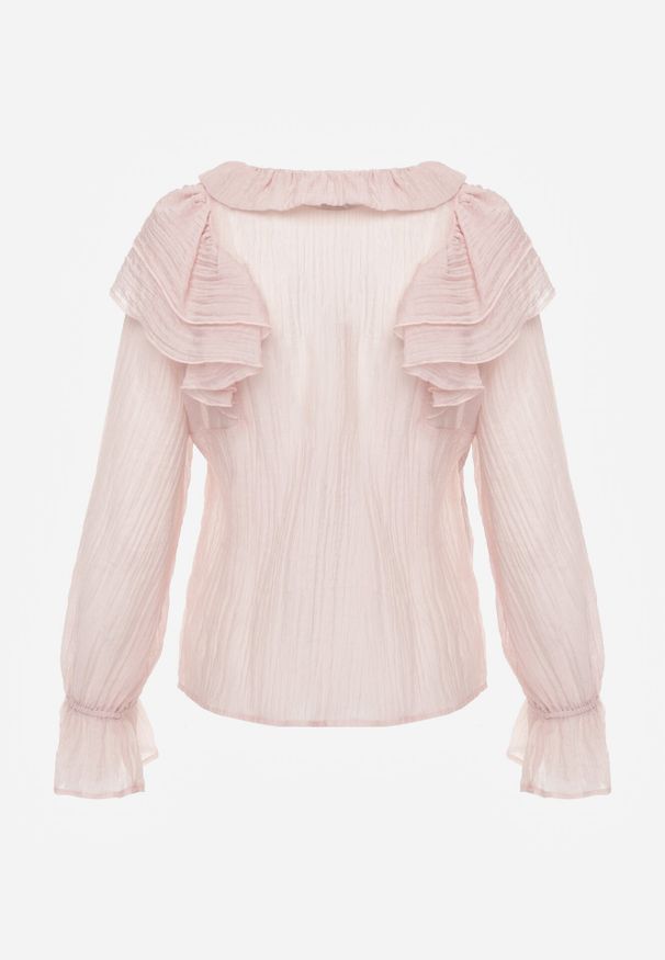 Born2be - Różowa Bluzka z Lyocellem Ozdobiona Falbanami i Wiązaniem Esathra. Okazja: na co dzień. Kolor: różowy. Materiał: jeans. Wzór: aplikacja. Styl: casual, elegancki