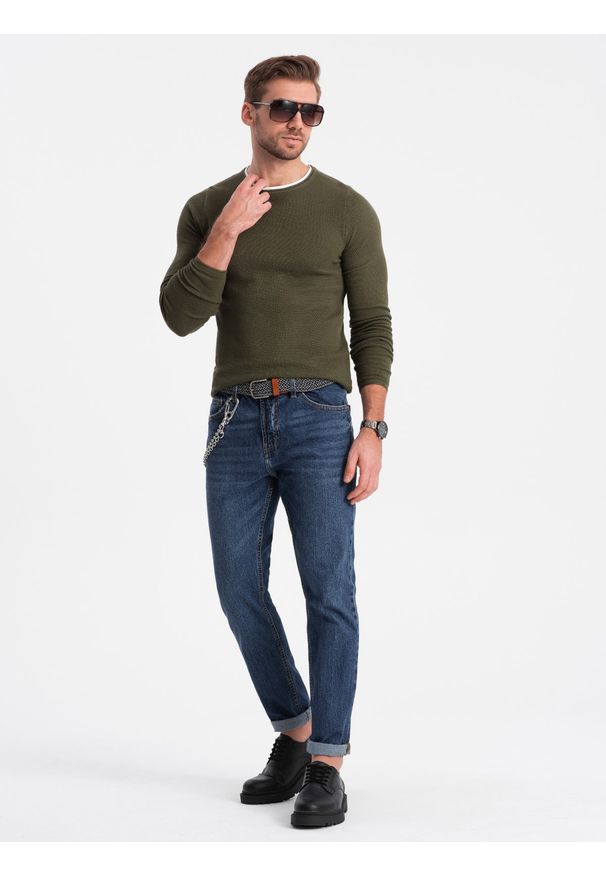 Ombre Clothing - Bawełniany sweter męski z okrągłym dekoltem - ciemnooliwkowy V7 OM-SWSW-0103 - XXL. Kolor: oliwkowy. Materiał: bawełna. Styl: klasyczny