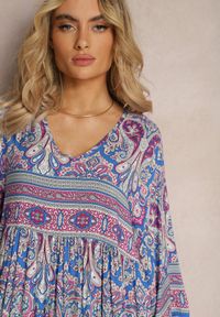 Renee - Niebiesko-Fioletowa Rozkloszowana Sukienka we Wzór Paisley z Rękawem 3/4 Briarwa. Okazja: na co dzień. Kolor: niebieski. Wzór: paisley. Styl: elegancki, casual #4