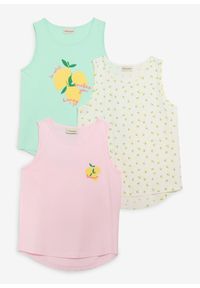 bonprix - Top z czystej bawełny organicznej (3 szt.). Kolor: zielony. Materiał: bawełna. Długość rękawa: bez rękawów. Wzór: nadruk. Sezon: lato #1