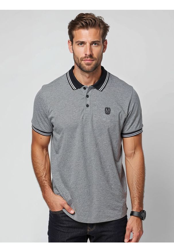 Ombre Clothing - Melanżowa koszulka męska polo z kołnierzykiem w paski – czarna V1. Okazja: na co dzień. Typ kołnierza: polo. Kolor: czarny. Materiał: bawełna. Wzór: melanż, paski. Styl: sportowy, casual