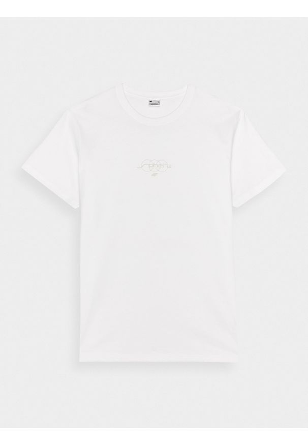 4f - T-shirt regular z nadrukiem męski - biały. Okazja: na co dzień. Kolor: biały. Materiał: dzianina, bawełna, jersey. Długość rękawa: krótki rękaw. Długość: krótkie. Wzór: nadruk. Styl: klasyczny, sportowy, casual
