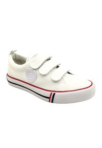 Trampki buty dziecięce na rzepy American Club LH63/22 White białe. Okazja: na uczelnię. Nosek buta: okrągły. Zapięcie: rzepy. Kolor: biały. Materiał: bawełna, materiał, guma. Wzór: aplikacja #8