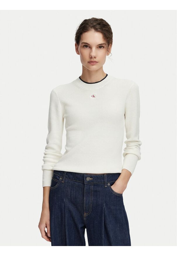 Calvin Klein Jeans Sweter LV047G309G Kremowy Regular Fit. Kolor: kremowy. Materiał: bawełna