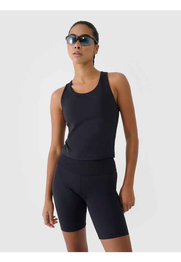 4f - 4F Top treningowy szybkoschnący damski - czarny M. Kolor: czarny. Materiał: elastan, materiał, włókno, dzianina, syntetyk. Długość rękawa: na ramiączkach. Wzór: ze splotem, gładki, jednolity. Sport: fitness