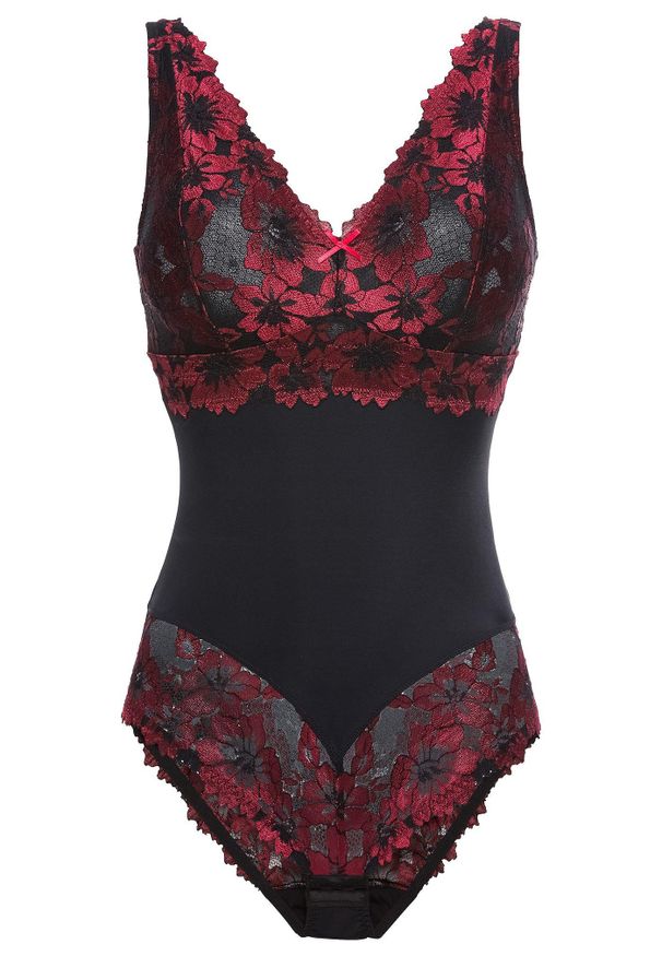 bonprix - Body bez fiszbinów z koronką w kwiaty. Kolor: czarny. Materiał: koronka. Wzór: kwiaty, koronka