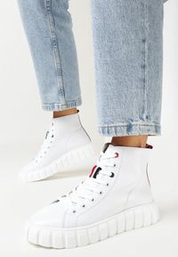 Born2be - Białe Sneakersy ze Skóry Naturalnej na Platformie Kerima. Kolor: biały. Materiał: skóra. Obcas: na platformie #3
