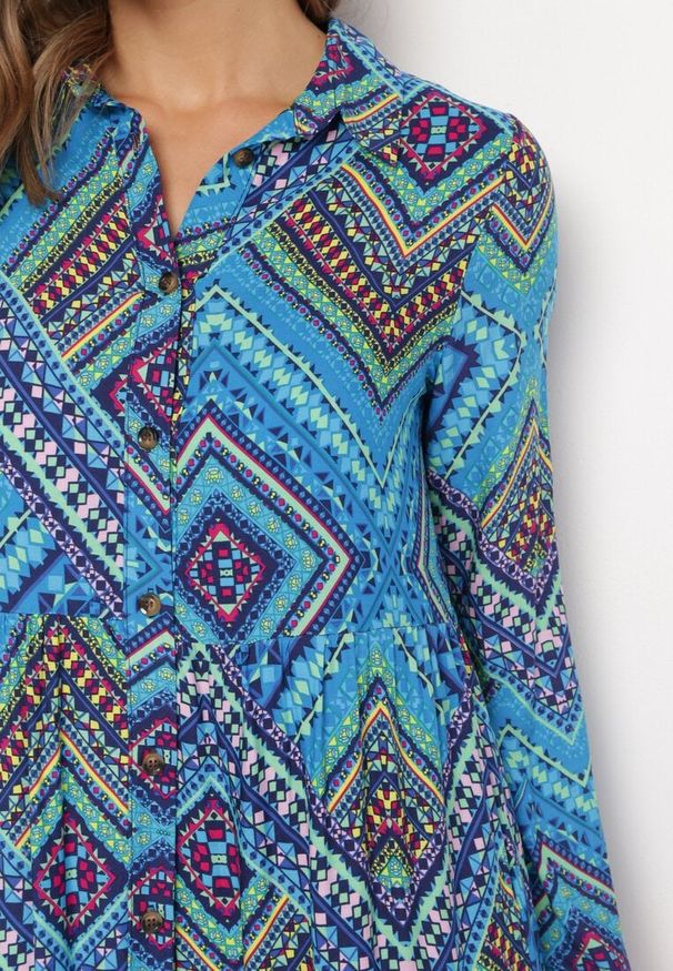 Born2be - Niebieska Bawełniana Sukienka Koszulowa Maxi w Stylu Boho Hlevana. Kolor: niebieski. Materiał: bawełna. Typ sukienki: koszulowe. Styl: boho. Długość: maxi
