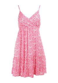 Born2be - Fuksjowa Sukienka Phaedryllis. Kolor: różowy. Materiał: wiskoza. Długość rękawa: na ramiączkach. Wzór: nadruk. Typ sukienki: kopertowe. Długość: mini #4