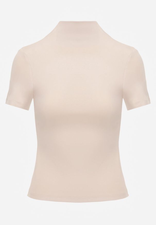 Renee - Jasnobeżowy Wiskozowy T-shirt o Dopasowanym Kroju z Golfem Isomina. Okazja: na co dzień, na imprezę. Typ kołnierza: golf. Kolor: beżowy. Materiał: wiskoza. Styl: casual