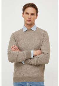 Trussardi Jeans - Trussardi sweter z domieszką wełny męski kolor beżowy lekki. Kolor: beżowy. Materiał: wełna. Długość rękawa: raglanowy rękaw. Styl: klasyczny #5