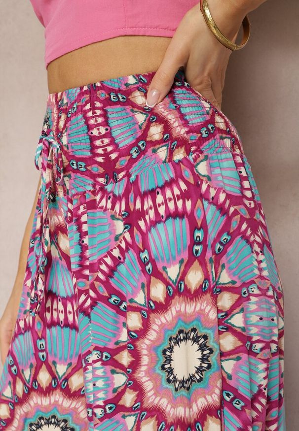 Renee - Różowo-Niebieskie Spodnie Typu Palazzo z Wiskozy High Waist z Gumką w Pasie Bistalia. Okazja: na co dzień. Stan: podwyższony. Kolor: różowy. Materiał: wiskoza. Długość: długie. Styl: wizytowy, casual