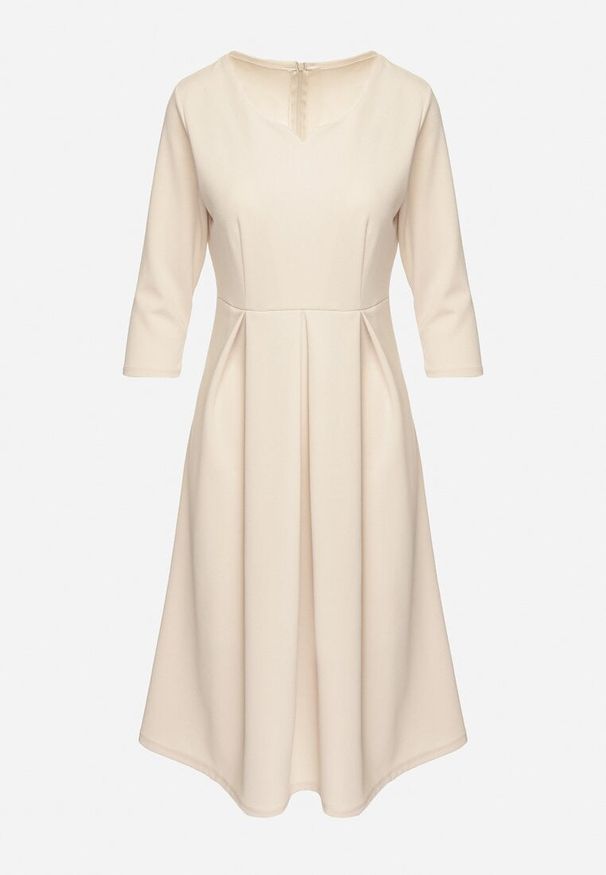 Born2be - Beżowa Rozkloszowana Sukienka z Rękawem 3/4 Nomiel. Okazja: na spotkanie biznesowe. Typ kołnierza: dekolt w kształcie V. Kolor: beżowy. Typ sukienki: rozkloszowane. Styl: biznesowy, elegancki, klasyczny