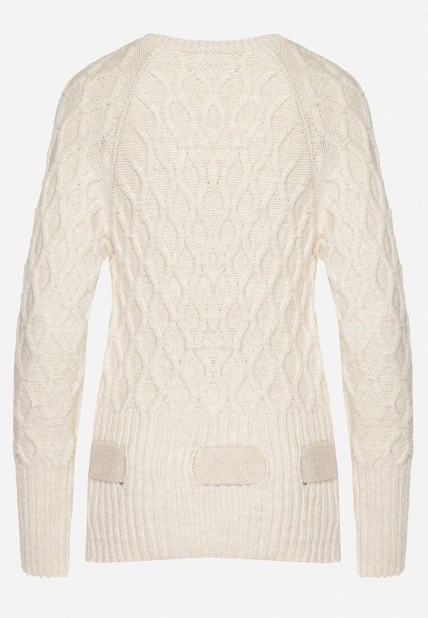 Born2be - Beżowy Sweter z Ozdobnym Splotem z Paskiem i Klamrą Riean. Okazja: na co dzień. Kolor: beżowy. Materiał: jeans. Długość rękawa: długi rękaw. Długość: długie. Wzór: ze splotem. Styl: klasyczny, casual