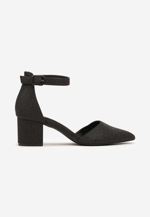 Born2be - Czarne Eleganckie Brokatowe Czółenka Vices na Obcasie z Wkładką ze Skóry Naturalnej Leadora. Nosek buta: szpiczasty. Zapięcie: pasek. Kolor: czarny. Materiał: skóra. Obcas: na obcasie. Styl: elegancki. Wysokość obcasa: średni