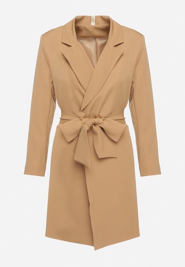 Born2be - Ciemnobeżowa Sukienka w Stylu Marynarki z Paskiem i Usztywnionymi Ramionami Etinella. Okazja: na co dzień. Kolor: beżowy. Materiał: jeans. Styl: casual, klasyczny