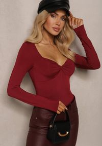 Renee - Bordowa Bluzka Astesilea. Kolor: czerwony. Materiał: dzianina, skóra, jeans. Długość: długie. Wzór: jednolity #5