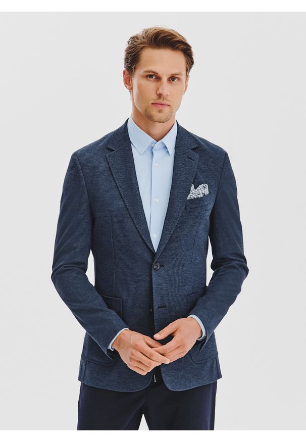 Pako Lorente - PAKO LORENTE - Granatowa marynarka w pepitkę z dzianiny. Kolor: niebieski. Materiał: dzianina. Sezon: jesień