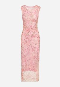 Born2be - Różowa Koktajlowa Taliowana Sukienka w Kwiaty z Wiskozową Podszewką Lidra. Okazja: na wesele, na imprezę, na co dzień, na ślub cywilny. Kolor: różowy. Materiał: wiskoza. Wzór: kwiaty. Styl: wizytowy #5